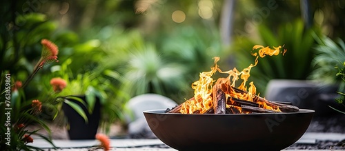 Burning flames in an iron fire pit on a garden patio