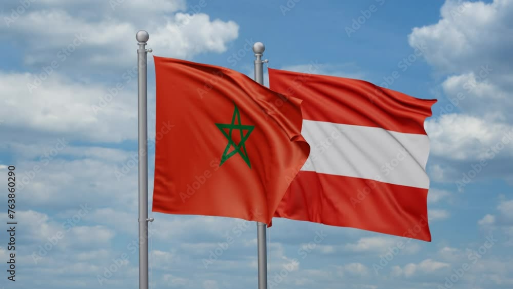 Austria and Morocco two flags waving together, looped video, two country relations concept Austria and Morocco two flags waving together, looped video, two country relations concept