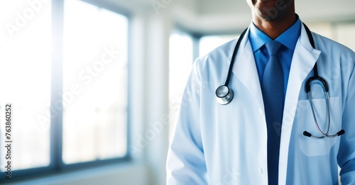 Mid-section of male doctor with stethoscope in hospital, space for text, blurred background