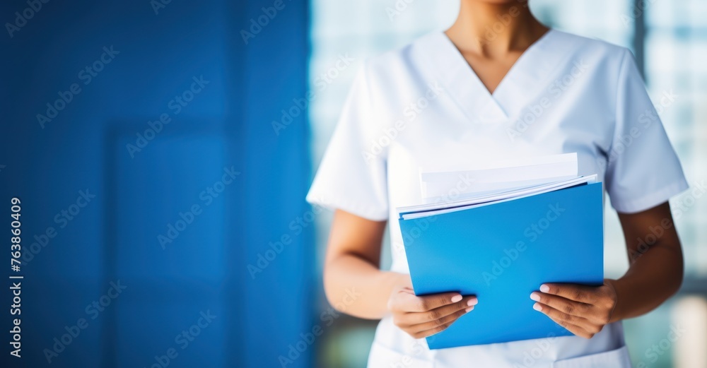 Close-up of female nurse with medical records, bright background with space for text