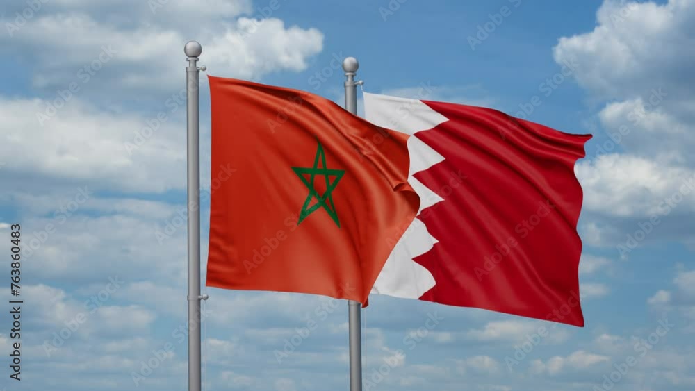 Bahrain and Morocco two flags waving together, looped video, two country relations concept Bahrain and Morocco two flags waving together, looped video, two country relations concept