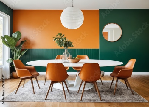 Orange leather chairs at round dining table against green wall. Scandinavian