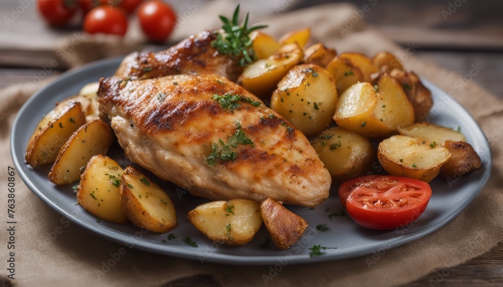 view of side view of baked chicken meat with cheese grilled potatoes and tomatoes view of side view of baked chicken meat with cheese grilled potatoes and tomatoes