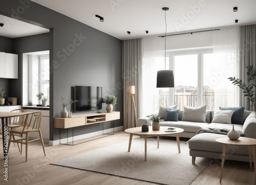 Interior design of modern scandinavian apartment, living room 