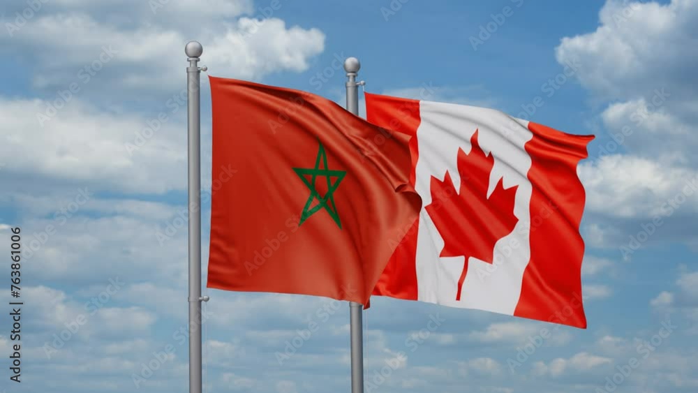 Canada and Morocco two flags waving together, looped video, two country cooperation concept Canada and Morocco two flags waving together, looped video, two country cooperation concept