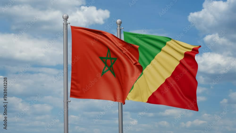 Republic of the Congo and Morocco two flags waving together, looped video, two country relations concept Republic of the Congo and Morocco two flags waving together, looped video, two country relations concept