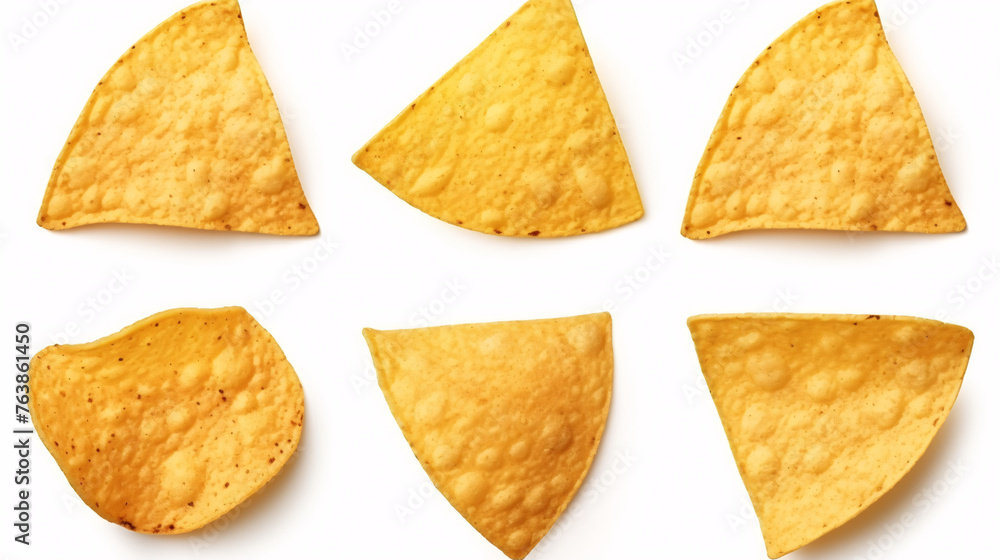 Nachos chips isolated on white background. Top view. Flat lay pattern