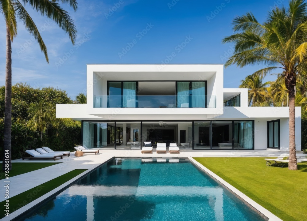 Exterior of amazing modern minimalist cubic villa with large swimming pool 