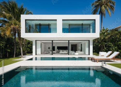 Exterior of amazing modern minimalist cubic villa with large swimming pool  © Arhitercture