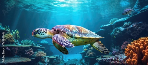 A turtle swimming in a vast tank