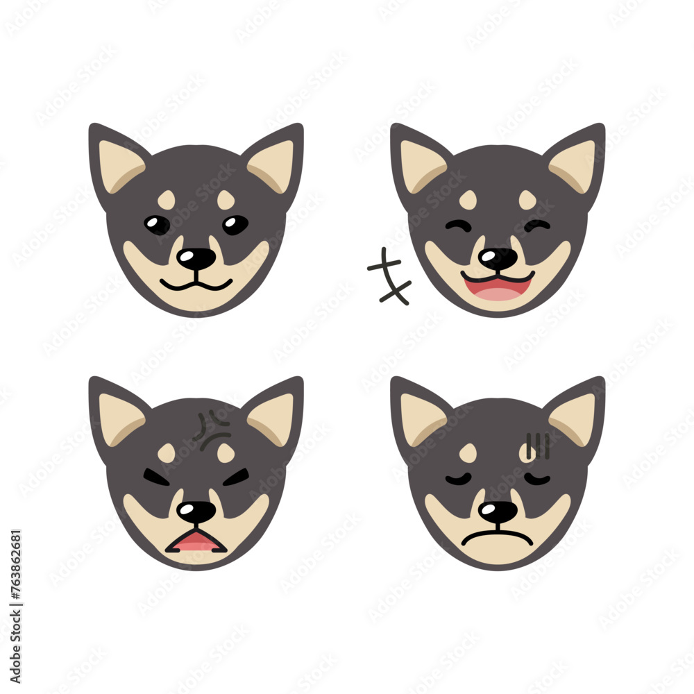 Set of cute character shiba inu dog faces showing different emotions for design.