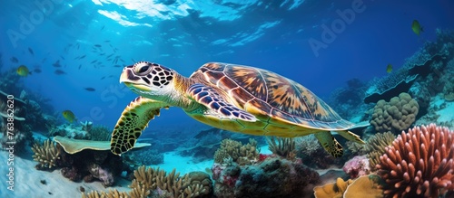 Turtle swimming among ocean corals with fish