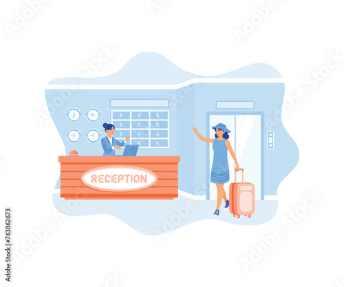 A female tourist carrying a suitcase in the hotel lobby. Check-in at the reception desk. Hotel Receptionist concept. Flat vector illustration.