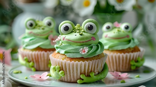  cute muffins, topped with pistachio green cream and a charming little marzipan frog with big eyes line up on the plate © Pekr