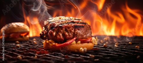 A hamburger grilling with flames in the background