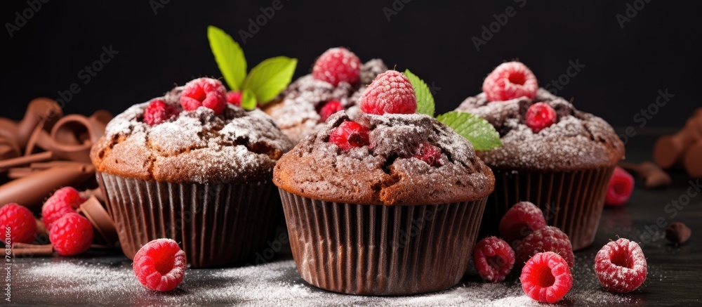 Chocolate muffins with raspberries and powdered sugar on a table Chocolate muffins with raspberries and powdered sugar on a table