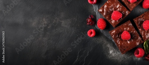 Chocolate bars topped with fresh raspberries on dark backdrop