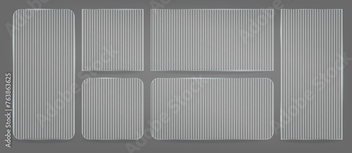 Transparent plastic or plexiglass plates overlay. Textured png for bath glass rectangular panel. Glossy square screen frame set. Realistic badge board effect. Vintage blurry repeat relief stand.