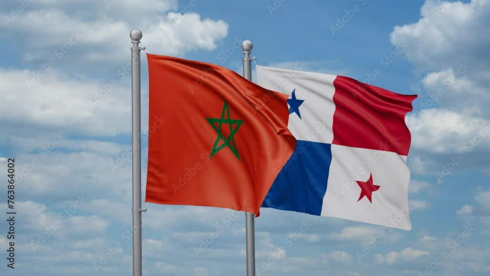 Panama and Morocco two flags waving together, looped video, two country relations concept Panama and Morocco two flags waving together, looped video, two country relations concept