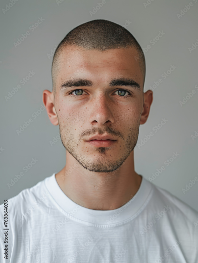 A sharp, detailed portrait of a young man with neat hair and intense gaze, the focus is on his striking facial features A sharp, detailed portrait of a young man with neat hair and intense gaze, the focus is on his striking facial features