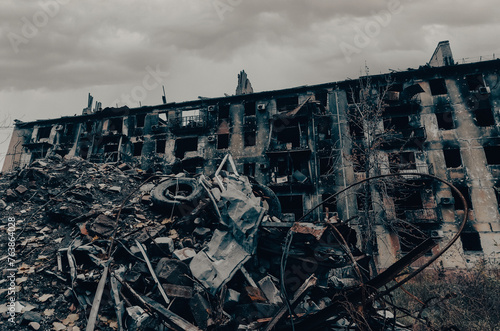 Foto destroyed and burned houses in the city Russia Ukraine war