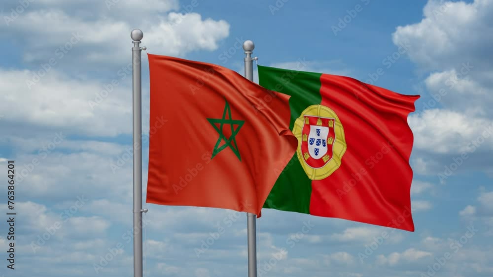 Portugal and Morocco two flags waving together, looped video, two country cooperation concept Portugal and Morocco two flags waving together, looped video, two country cooperation concept