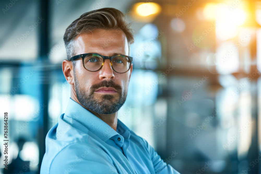 Portrait of confident businessman in eyeglasses looking at camera in office Portrait of confident businessman in eyeglasses looking at camera in office
