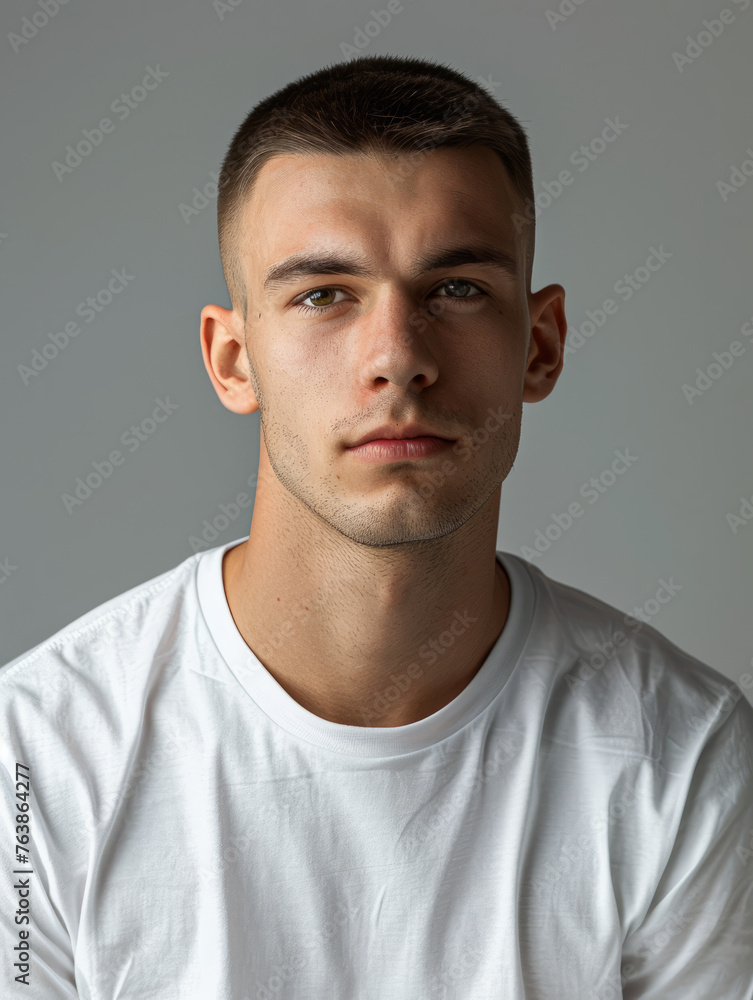 Fototapeta premium A studio shot of a serious-looking young man with short hair, captured with a simplistic background to highlight his expression