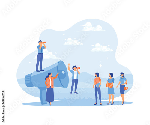 Marketing promotions. Promoters tell people about online business promotions. Promotion concept. Flat vector illustration.