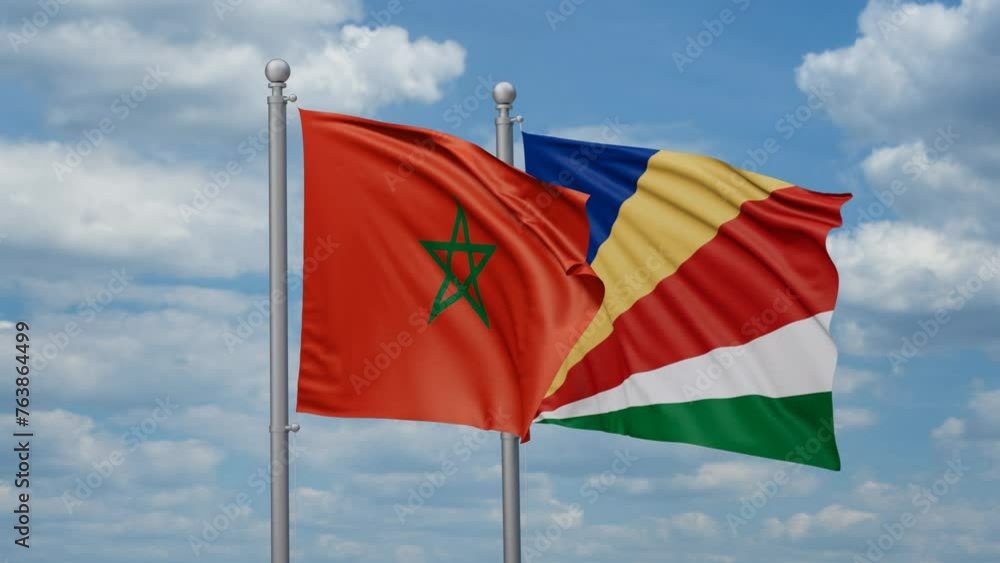 Seychelles and Morocco two flags waving together, looped video, two country cooperation concept Seychelles and Morocco two flags waving together, looped video, two country cooperation concept