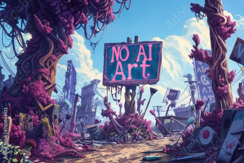 Artist Bans AI Technology. Post-Apocalyptic Landscape with Anti-AI Art Message, A dystopian scene depicts a decrepit cityscape overgrown with pink flora. Featuring a bold 'NO AI ART' billboard sign. photo