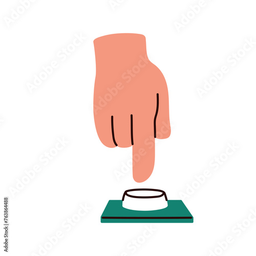 Pushing, pressing down control button with index finger. Hand calling, turning on and off, starting and stopping with desk switch. Flat graphic vector illustration isolated on white background.