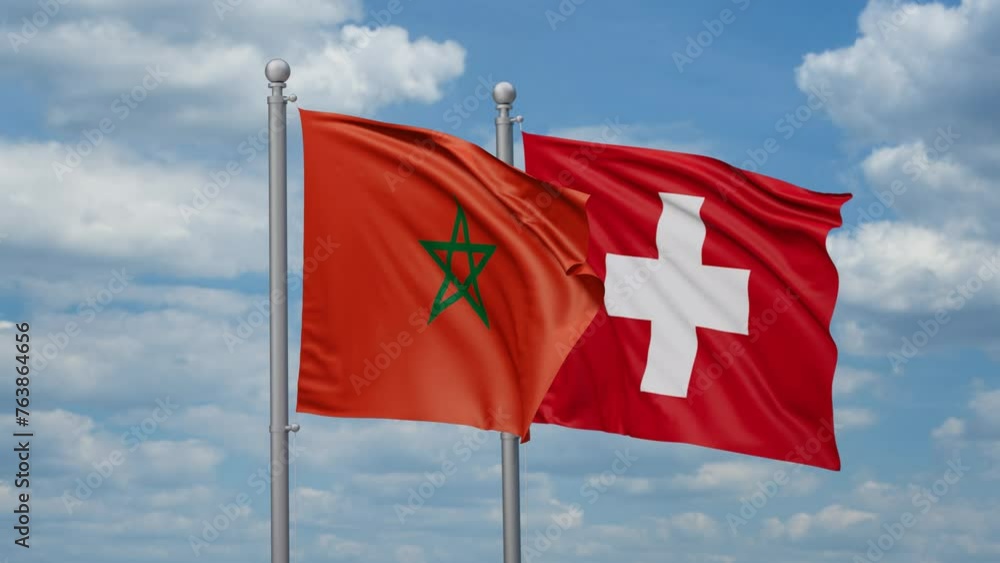 Switzerland and Morocco two flags waving together, looped video, two country cooperation concept Switzerland and Morocco two flags waving together, looped video, two country cooperation concept
