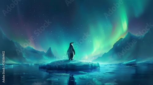 Penguin Under the Aurora Borealis in Arctic. A solitary penguin stands on an ice floe under a mesmerizing aurora borealis in a serene Arctic nightscape.