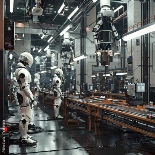 Wallpaper Mural White robots on a high-tech assembly line, showcasing the seamless integration of AI in manufacturing. This vision of a smart factory highlights the synergy between robotics and advanced technology. Torontodigital.ca
