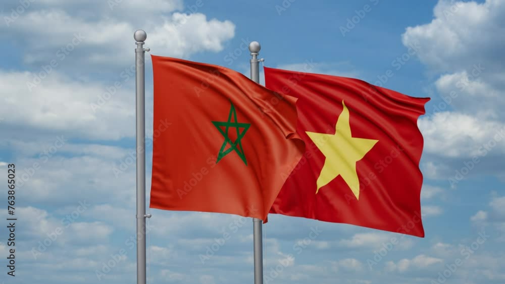 Vietnam and Morocco two flags waving together, looped video Vietnam and Morocco two flags waving together, looped video