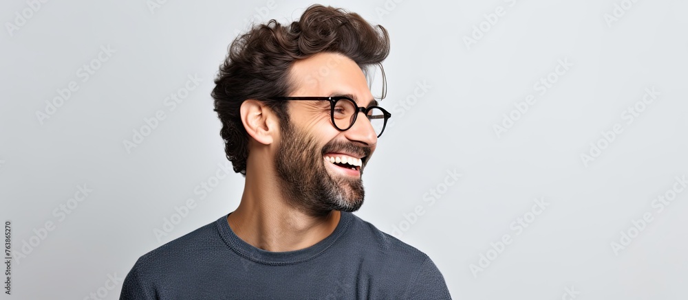 Fototapeta premium A close-up image featuring a man wearing glasses and a blue shirt, smiling brightly