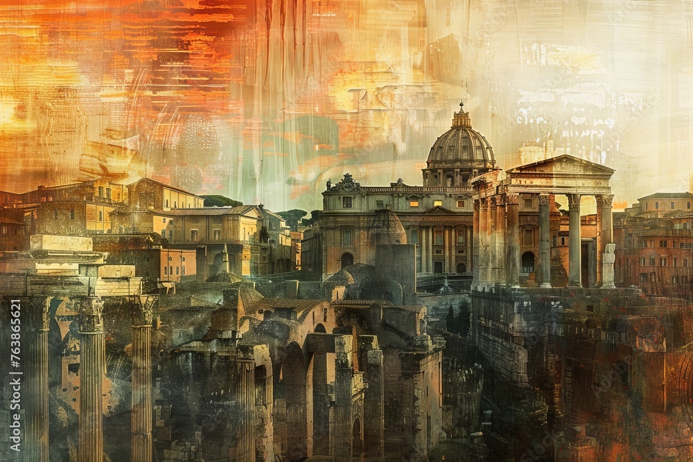 Eternal City Timeless Panorama of an Ancient City Blending into Modern Times, Digital Art Fusion