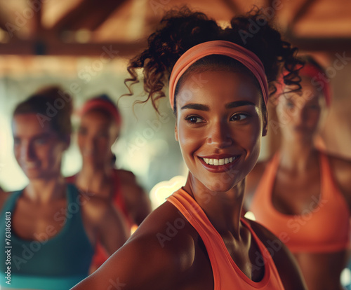 A '70s aerobics class, women in gym attire and headbands, exuding warmth and vibrancy. Diverse participants, smiling and having fun. Shot in 8K for ultra-realism.