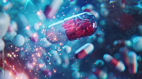 Capsule with red and blue pills. photo