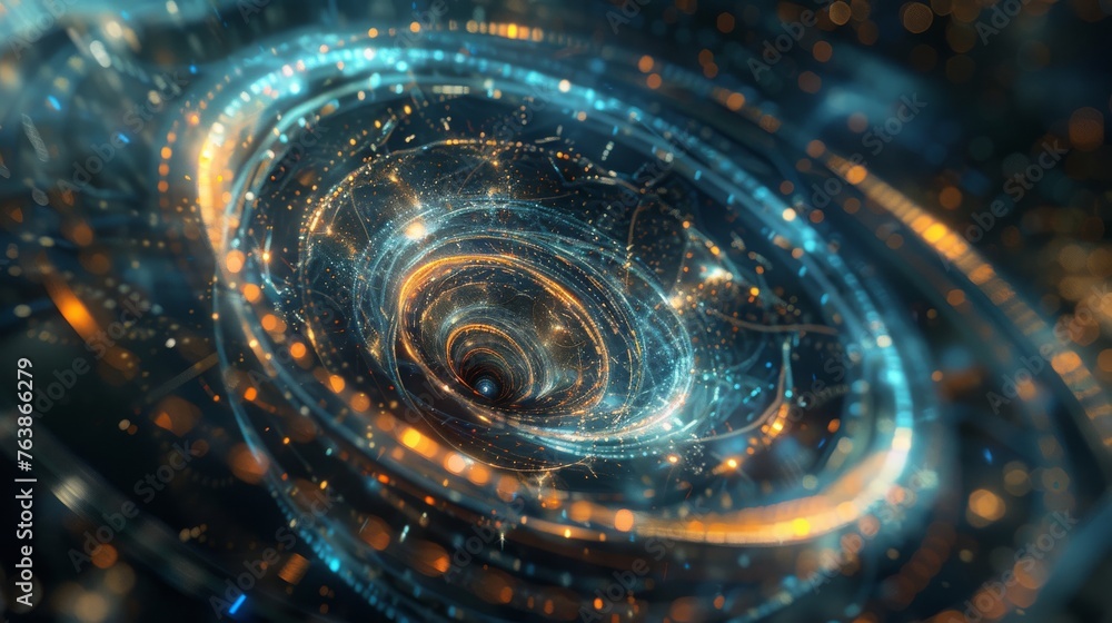 4D Space-Time Visualization: Cosmic Clockwork, Galaxies, Nebulae, Glowing Time Flow Threads, Hyperrealistic Art - obrazy, fototapety, plakaty 