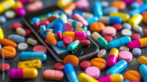 Mobile phone with many colorful pills and capsules
