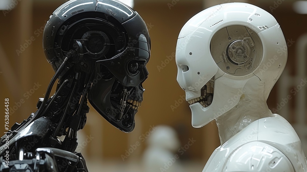 Fototapeta premium A black and white humanoid robot face each other, engaging in a silent dialogue that represents the evolving conversation between artificial intelligence and humanity. The contrast symbolizes the
