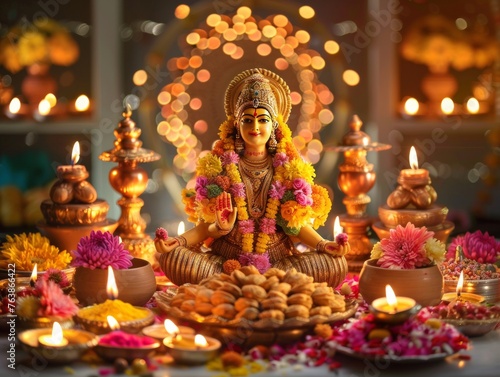 An ornate statue of Goddess Lakshmi adorned with flowers and surrounded by Diwali lamps, pink lotus, symbolizing prosperity and wealth