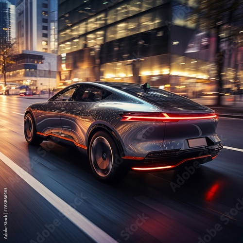 High speed electric car driving through the city at night with dynamic light streaks and urban building background