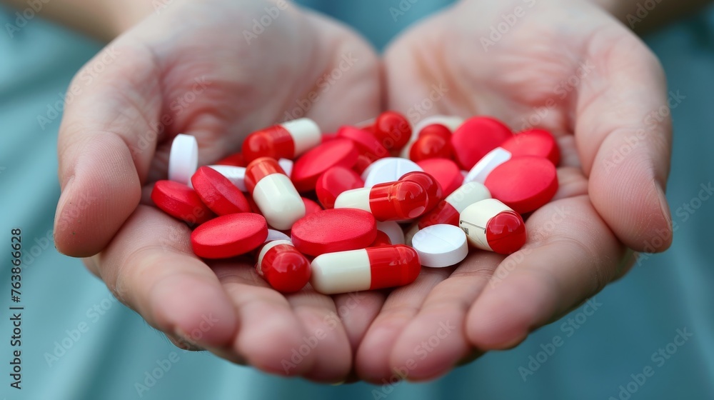Woman hands holding red and white pills. Medicine concept Woman hands holding red and white pills. Medicine concept