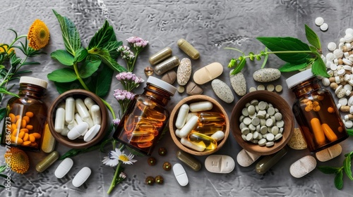 Alternative medicine. Assortment of pills, tablets and capsules on grey background top view.