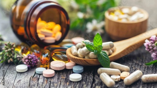 Assorted pharmaceutical medicine pills, tablets, capsules with herbs on wooden table.