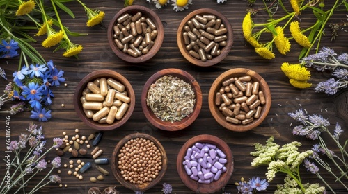 Herbs and capsules in bowls on wooden background. Alternative medicine concept