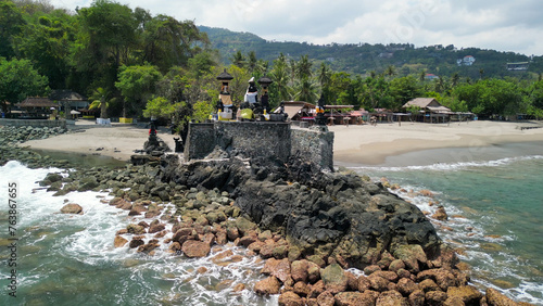 Aerial view of Batu Bolong Temple in Lombok, Indonesia photo